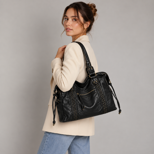 Zwarte Schoudertas Dames – Trendy Kunstleren Handtas met Ritsvakken