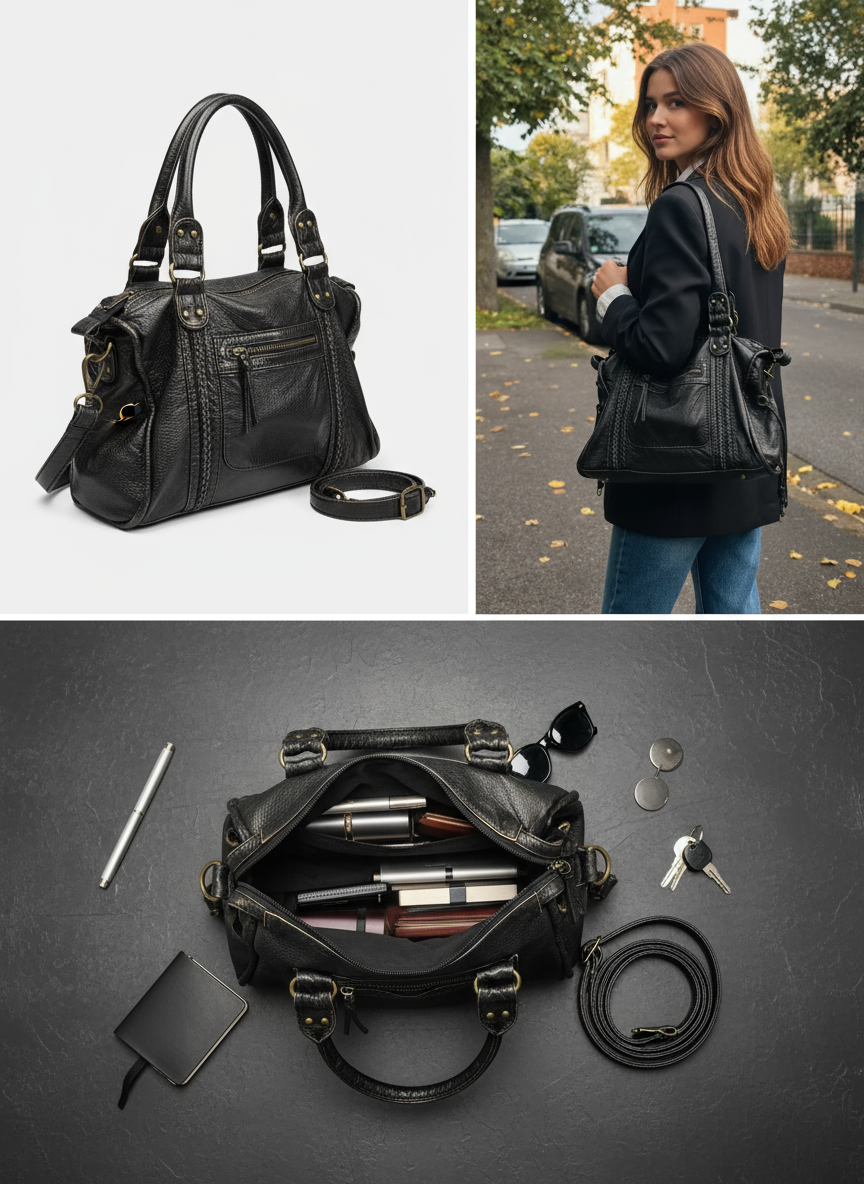 Zwarte Schoudertas Dames – Trendy Kunstleren Handtas met Ritsvakken