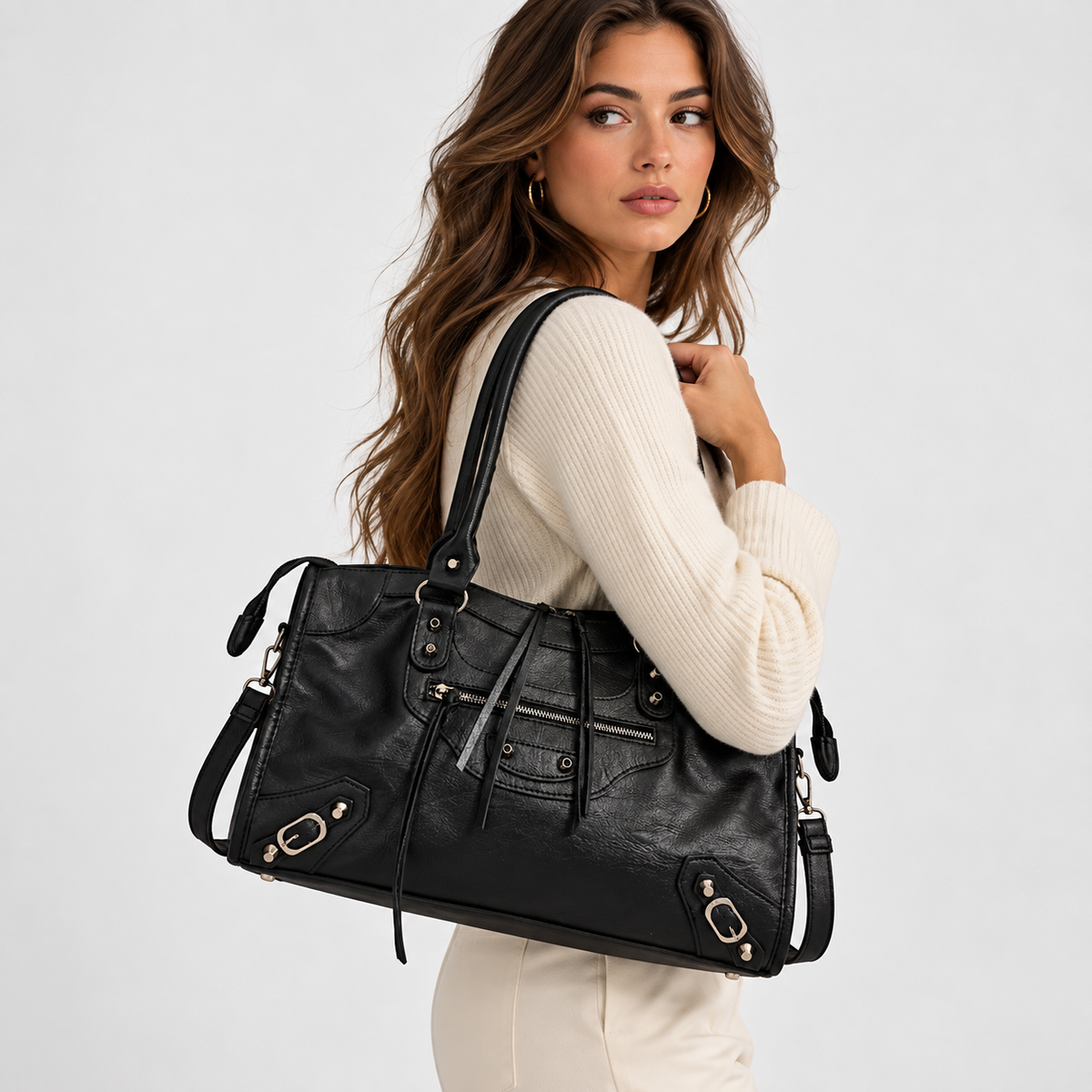 Dames Schoudertas | Zwart | Ruime Handtas | Met Ritsdetails