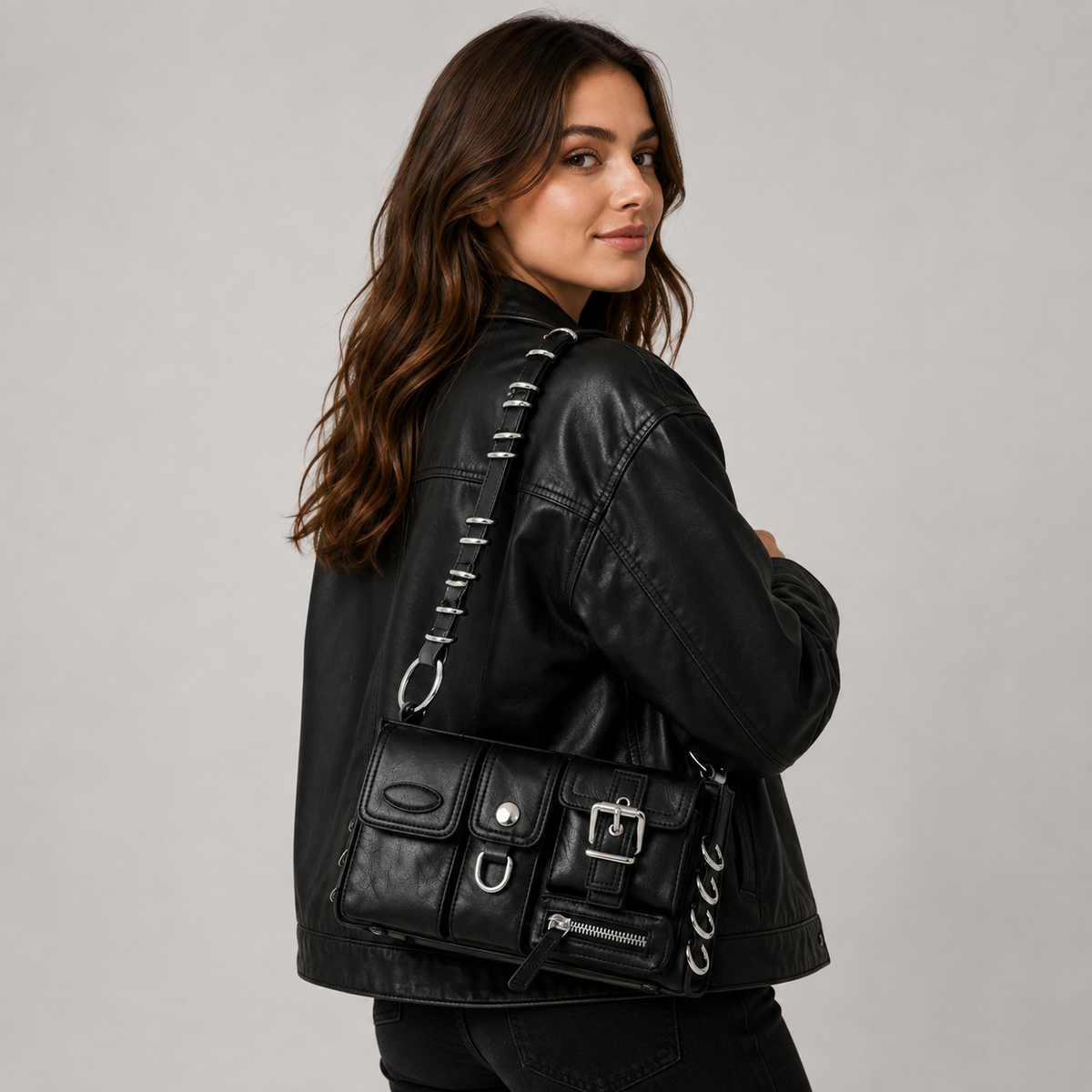 Schoudertas | Dames | Vegan Leer | Gespen | Zwart