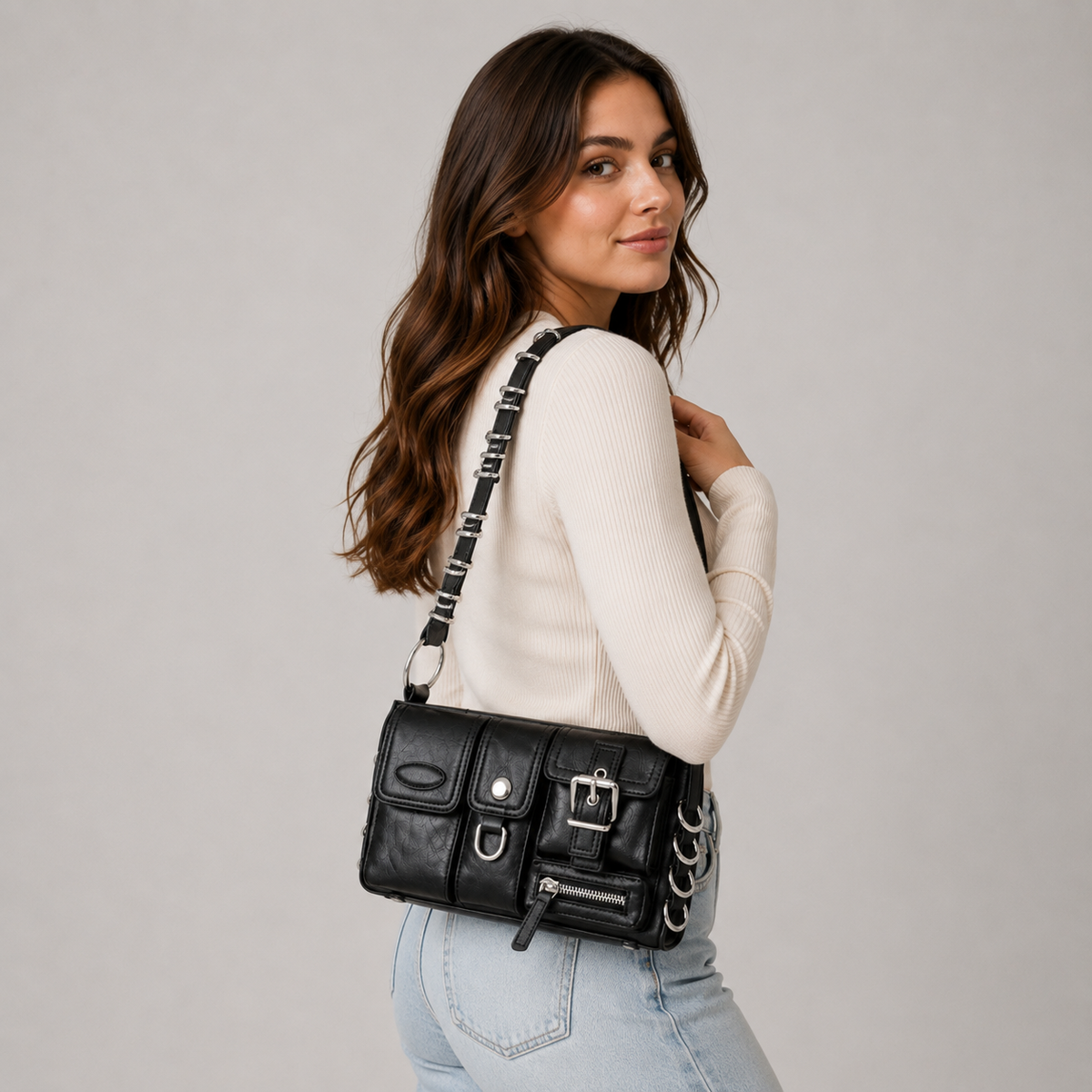 Schoudertas | Dames | Vegan Leer | Gespen | Zwart