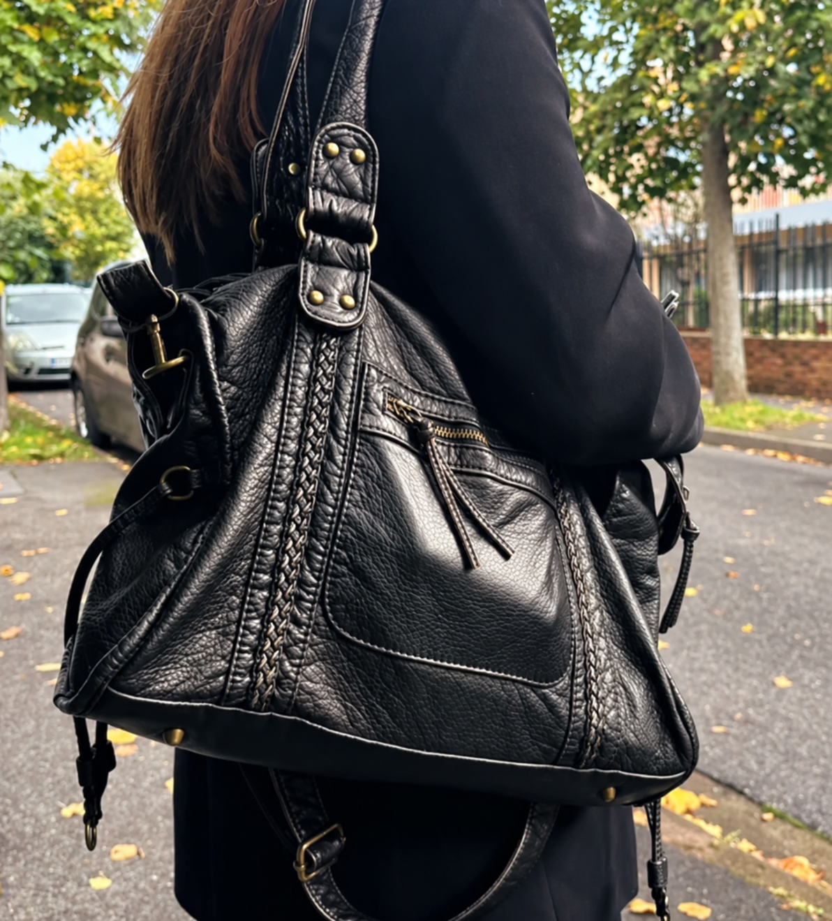 Zwarte Schoudertas Dames – Trendy Kunstleren Handtas met Ritsvakken